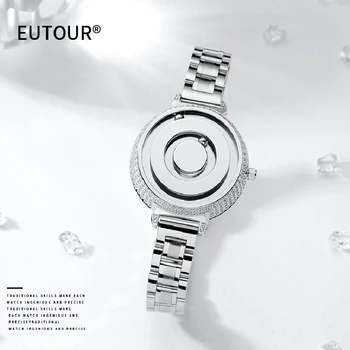 Eutour Novo Original Alvenaria de Discagem Moda feminina Simples Relógio de Quartzo do Aço Inoxidável, Pulseira de E035