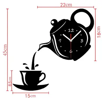 Criativo Diy Acrílico Copo de Café de Bule de chá 3D Relógio de Parede Decorativo Cozinha, Relógios de Parede de Sala de estar Sala de Jantar de Decoração de Casa de Relógio