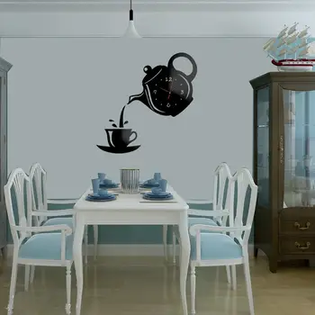 Criativo Diy Acrílico Copo de Café de Bule de chá 3D Relógio de Parede Decorativo Cozinha, Relógios de Parede de Sala de estar Sala de Jantar de Decoração de Casa de Relógio