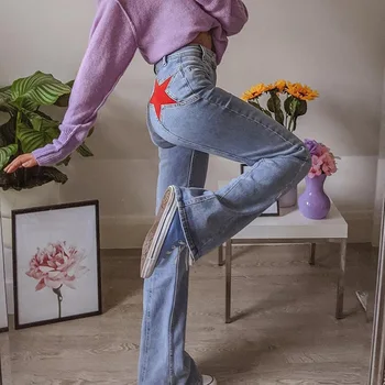90 Vintage Estrela de Retalhos de Perna Larga calças de Brim das Mulheres de Cintura Alta Jeans Mãe Jeans Casual Streetwear Y2K Estética Calças