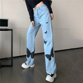 Yedinas Jeans Vintage Mulher De Calças Compridas Cowboy Fêmea Solta Streetwear Borboleta De Impressão Calças De Cintura Alta Jeans Streetwear 2021