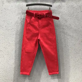 Plus size 5XL!2021 Primavera, Outono moda vermelho solto calças de brim das mulheres casual harém de tornozelo comprimento de calças Jeans Calças s896