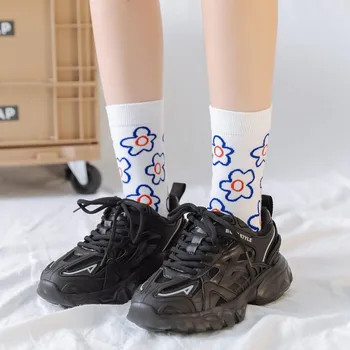 Delicado Estética Engraçado teste Padrão de Flor de Algodão Mulheres Crew Meias Coloridas Casual Harajuku Imprimir Bonito Meninas meias Para Senhoras