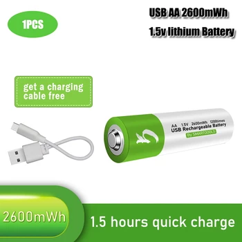 De capacidade de 1,5 V AA Bateria do li-íon 2600mwh li-polímero com USB bateria de lítio recarregável usb bateria + cabo USB