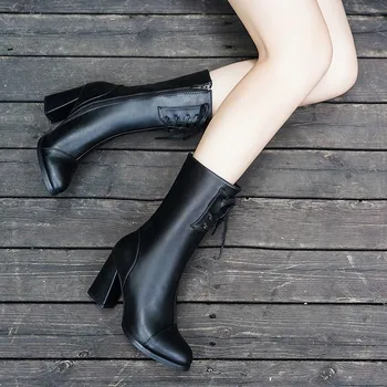 2020 Outono com Zíper Sexy Botas de Inverno Mulheres Marca Meados de Bezerro Botas para Mulheres Sapatos de Mulher Quadrado de Salto Alto Sapatos de Senhoras Plus Size