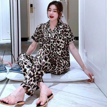 2021 Verão de Manga Curta, Calça comprida de Cetim de Seda do Pijama Conjuntos para Mulheres Sexy Leopard roupa de dormir de Pijama Homewear Pijamas Mujer Roupas