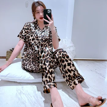 2021 Verão de Manga Curta, Calça comprida de Cetim de Seda do Pijama Conjuntos para Mulheres Sexy Leopard roupa de dormir de Pijama Homewear Pijamas Mujer Roupas