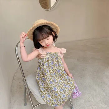 Nova Verão do Bebê Meninas de Vestido sem Mangas de Babados Princesa Vestidos Florais para Férias de Praia, Casual e Roupas de Crianças Crianças de Vestuário