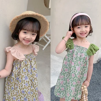 Nova Verão do Bebê Meninas de Vestido sem Mangas de Babados Princesa Vestidos Florais para Férias de Praia, Casual e Roupas de Crianças Crianças de Vestuário