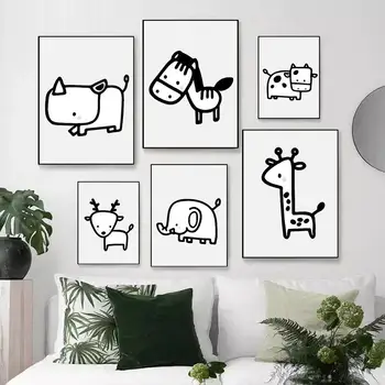 Viveiro De Arte De Parede Dos Desenhos Animados Animal Veado Cavalo De Rinoceronte, Elefante, Girafa Leite De Vaca Tela De Pintura Nórdica Poster Decorativo Imagem
