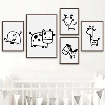Viveiro De Arte De Parede Dos Desenhos Animados Animal Veado Cavalo De Rinoceronte, Elefante, Girafa Leite De Vaca Tela De Pintura Nórdica Poster Decorativo Imagem