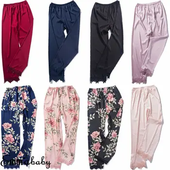 2019 Mulheres Senhora Pijama De Cetim De Seda Com Estampa Floral E Laço De Retalhos De Calças De Pijama De Pijamas Loungewear Homewear