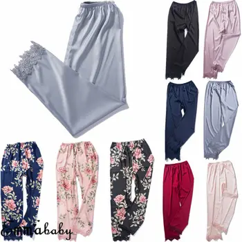 2019 Mulheres Senhora Pijama De Cetim De Seda Com Estampa Floral E Laço De Retalhos De Calças De Pijama De Pijamas Loungewear Homewear