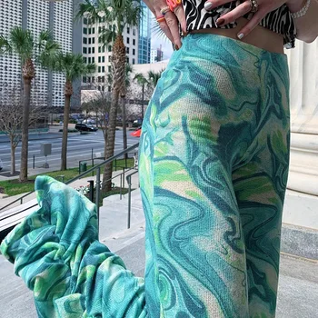 Empilhados Grande Perna de Calça Verde Tie Dye Y2K de Moda com Roupas de Moletom Impresso Vintage Cintura Alta Calças das Mulheres