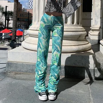 Empilhados Grande Perna de Calça Verde Tie Dye Y2K de Moda com Roupas de Moletom Impresso Vintage Cintura Alta Calças das Mulheres