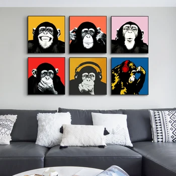 Colorido Orangotango Macaco Chimpanzé Fones De Ouvido De Arte Da Lona Impressão Pintura Gorila Animal De Parede Moderna Da Imagem A Decoração Home Cartaz