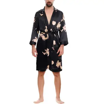 2Pcs Homens Imitação de Seda Dragão de Impressão Roupão de Banho Curto Calças de Pijama Conjunto de roupa de dormir