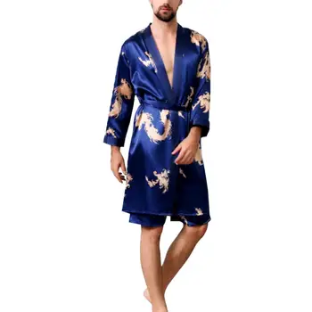 2Pcs Homens Imitação de Seda Dragão de Impressão Roupão de Banho Curto Calças de Pijama Conjunto de roupa de dormir