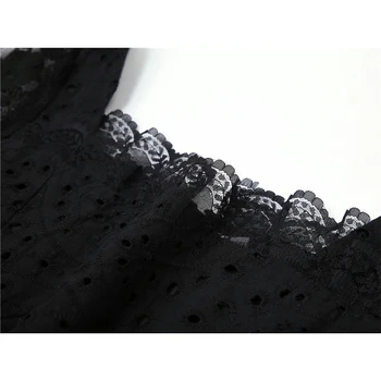 Laço preto de Retalhos Goth Blusas das Mulheres Streetwear Praça Colar Folhado de Camisa de Manga Curta 2021 Verão Renda Crop Tops