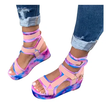 SAGACE sandálias 2021 Verão Plataforma Sandálias Para Mulheres Dedo do pé Aberto Ankel Strap Flats Tie dye Confortável Gladiador Sapatos de Praia