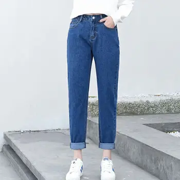 Cintura alta jeans de moda feminina solta versão coreana do novo casual slim cintura alta de todos-jogo harém calças compridas