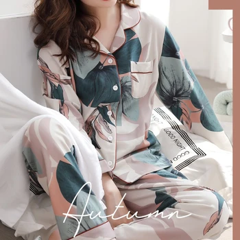 Pijama Conjunto de Mulheres 2PCS de Manga Longa Homewear Vire para baixo de Gola com estampa Floral e roupa de dormir de Pijama Noite de Inverno o Terno Plus Size Nighties