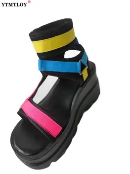 2021 INS Marca Senhoras Quentes com Cores Misturadas Fivela Gladiador Plataforma Sandálias de Dedo do pé Aberto Mulheres, as Sandálias de Verão de Alta Cunha Sapatos de Mulher