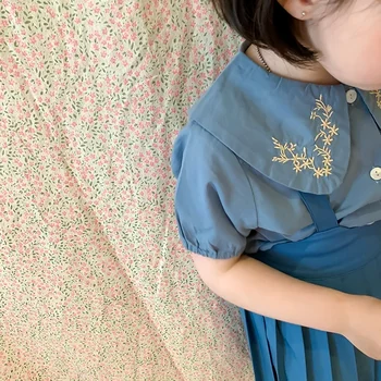 Camisas infantis De 2021 Verão Nova-coreano Tops Meninas Bordado Camisas de Mangas Curtas Infantil Meninas Algodão Blusas Traje
