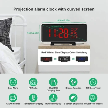 Relógio despertador,Projeção Relógio Digital com Porta USB de Carregamento,Relógio de Cabeceira Ajustável Brilho da Tela do Projetor do Office