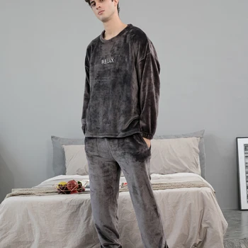Novo de Alta Qualidade de Flanela Espessamento de Lã Quente Simples Relaxar Bordado Mulheres Homens Pijama Define FKL1015