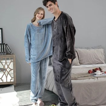 Novo de Alta Qualidade de Flanela Espessamento de Lã Quente Simples Relaxar Bordado Mulheres Homens Pijama Define FKL1015