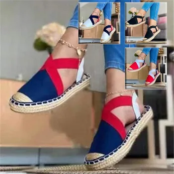 Vintage Mulheres Sandálias Casuais Tela De Linho Cunha Sandials Verão Cinta De Tornozelo, Calcanhar Bomba Plataforma Casuais Senhoras Sapatos De Lona