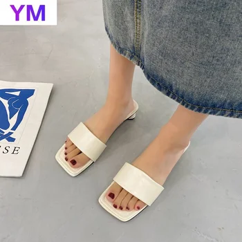 Roma Verão, Sapatos De Salto Alto Sandálias De Slides Med Moda Sólido Mulheres De Pés Quadrados De Luxo Pu Sandálias Casco Sólido Peep Toe Sandálias
