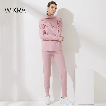 Wixra Mulheres Sólido Treino Elegante Pérola Botão Suéter + Calças De Harém De Outono Inverno 2021 Feminino 2 Peças De Conjunto
