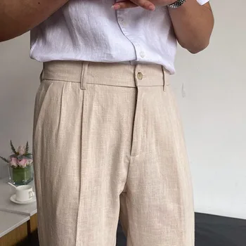 Estilo britânico de Verão de Calças masculinas de Algodão Respirável Calças de Linho Cintura Elástica Slim Fit Calça Casual Calças Formais Calças Para Homens