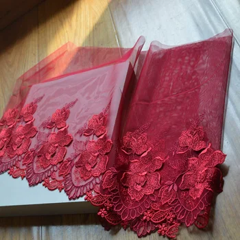 2Yds/monte 23cm de Largura de Malha Vermelho 3D Vermelho Escuro Padrão Floral Bordado de Alta Qualidade Guarnição do Laço Para o Vestuário de Casamento 20204115