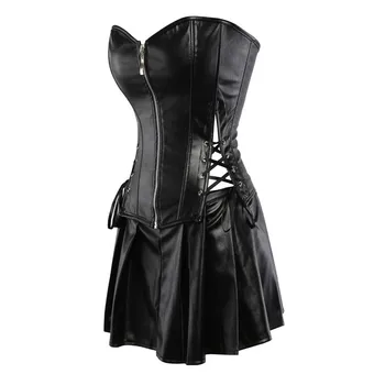 5XL 6XL Lingerie Plus Size Mulheres negras Burlesco Steampunk Espartilho de Renda Vestido Gótica Sexy sem Alças de Couro PU Overbust Vestido