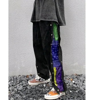 Calças de homens e mulheres de costura reta de alta rua abotoado calças de hip-hop botão de rua botão de calça de patchwork jeans streetwear