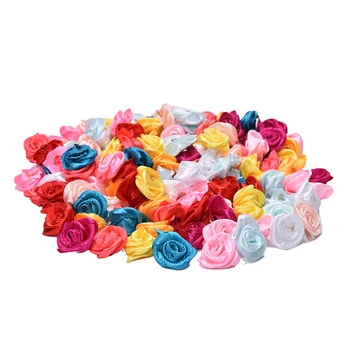 100pcs Artesanal de Cetim Rosa de Fita Rosetas Mini Flor de Tecido Arco Apliques Para a Decoração do Casamento de Artesanato, Acessórios de Costura