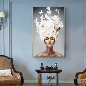 Borboleta Mulher de Ouro Branco de Lona Cartaz estilo Nórdico Arte de Parede de Impressão, Pintura Beleza Decorativa Imagem Moderna Decoração Home