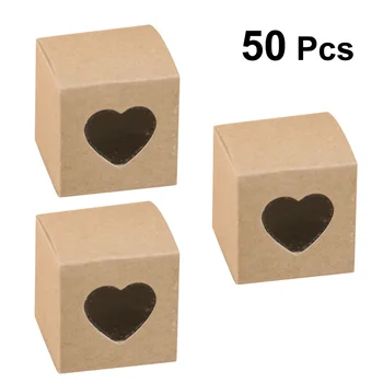 50Pcs Quadrado de Papel Kraft Caixa Com Janela de Chocolate Caixas Transparente da Forma do Coração Janela do PVC Cupcake Caixas de Festa de Casamento