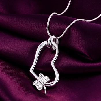Venda quente cor de prata em formato de coração, borboleta pingente de colar de moda bonito do partido de presente uma jóia para a mulher cadeia de comprimento de 16 24inches