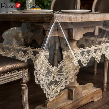 PVC Transparente Toalha de mesa com Laço de Ouro Impermeável prova de Óleo Tampa de Tabela Tabela de Café de Cristal de Prato Bordado toalha de Mesa