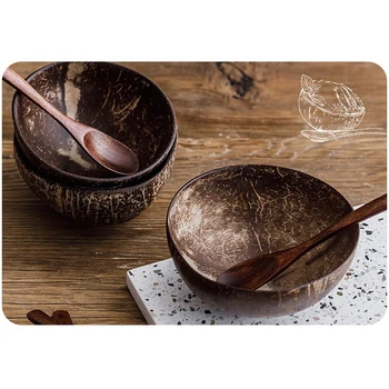 Natural de Coco Tigela de proteção tigela de madeira de Coco, Madeira, louça de mesa Colher Conjunto 12-15cm de coco batido de Coco Cozinha Ambiental