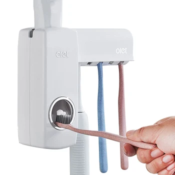 OLET 1 Conjunto Criativo Automático Dispensador de pasta de dente com a Escova de dentes Titular de Banho Resistente à Água Pegajosa Espremedor de pasta de dentes