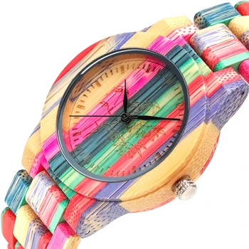 Criativo De Madeira Coloridas Senhoras Relógio De Quartzo De Madeira Relógios De Pulso Único Mulheres Relógio Minimalista Visor Relógio Relógio Feminino
