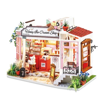 Novo DIY de Madeira Casa de bonecas em Miniatura de Móveis Com Luz LED Kit de Barra do Creme de Gelo da Loja Casas de Boneca Montar o Brinquedo de Presente de Aniversário da Casa