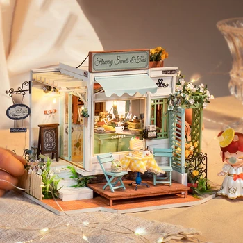 Novo DIY de Madeira Casa de bonecas em Miniatura de Móveis Com Luz LED Kit de Barra do Creme de Gelo da Loja Casas de Boneca Montar o Brinquedo de Presente de Aniversário da Casa
