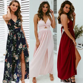 2021 Mulheres Sexy Boho Verão Floral Longo Maxi Vestido Halter Sem Encosto Correias Noite Da Festa De Praia Vestidos De Férias Sundress
