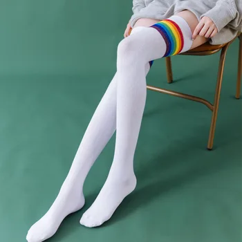 Sobre o joelho, Meias Meias Longas Meias de Mulher coreano Japonês de Alta Tubo de arco-íris Tira a altura do Joelho, Meias Faculdade de Bezerro Meias Kawaii